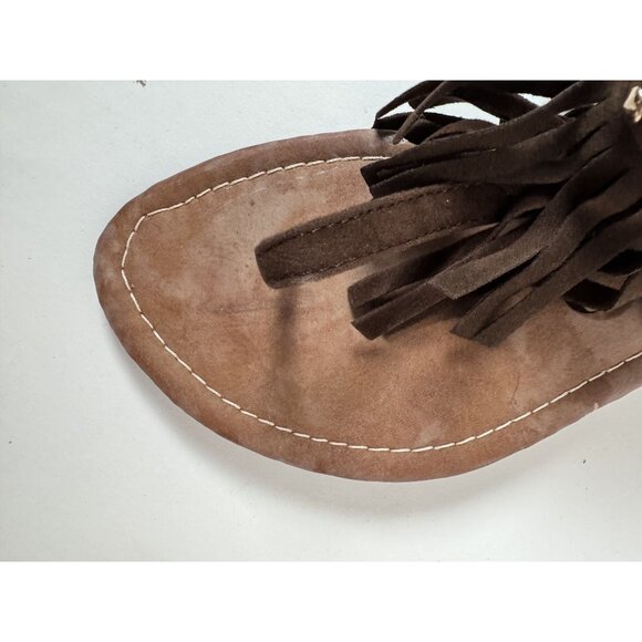 Brown Fringe Suede Flat Thong Sandals With Studded Accents & Zipper Closure For - Picture 8 of 15